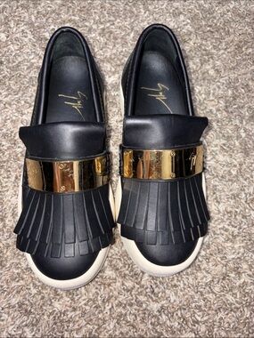 Giuseppe Zanotti Black Leather Fringe Slip-On Sneakers with Gold Plate